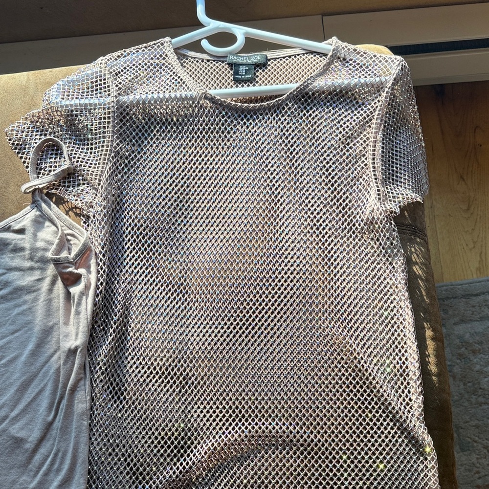 Rachel Zoe Metallic Mesh Short Sleeve Tee in Rose Gold